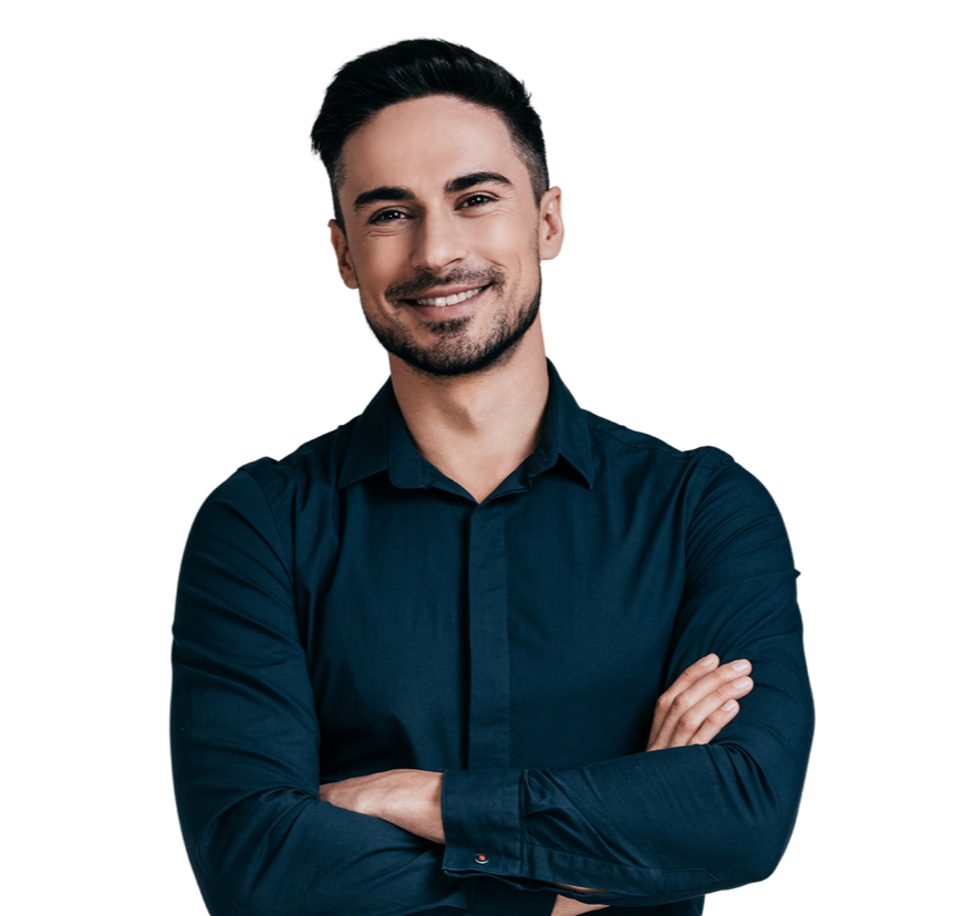 Portrait of a confident man in a dark shirt, smiling with arms crossed, against a gradient blue circular background